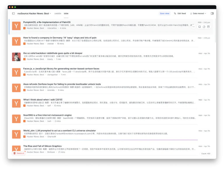 Readwise Reader 在文章摘要区域，为 Hacker News 的每篇文章添加了中文标题